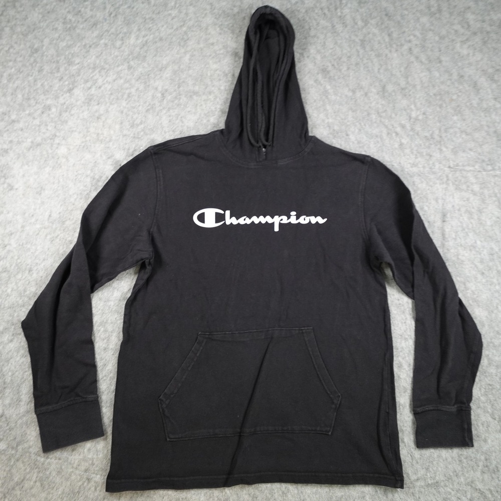 Champion Hoodie Mens Medium Black Long Sleeve Hooded Cotton Logo Pullover